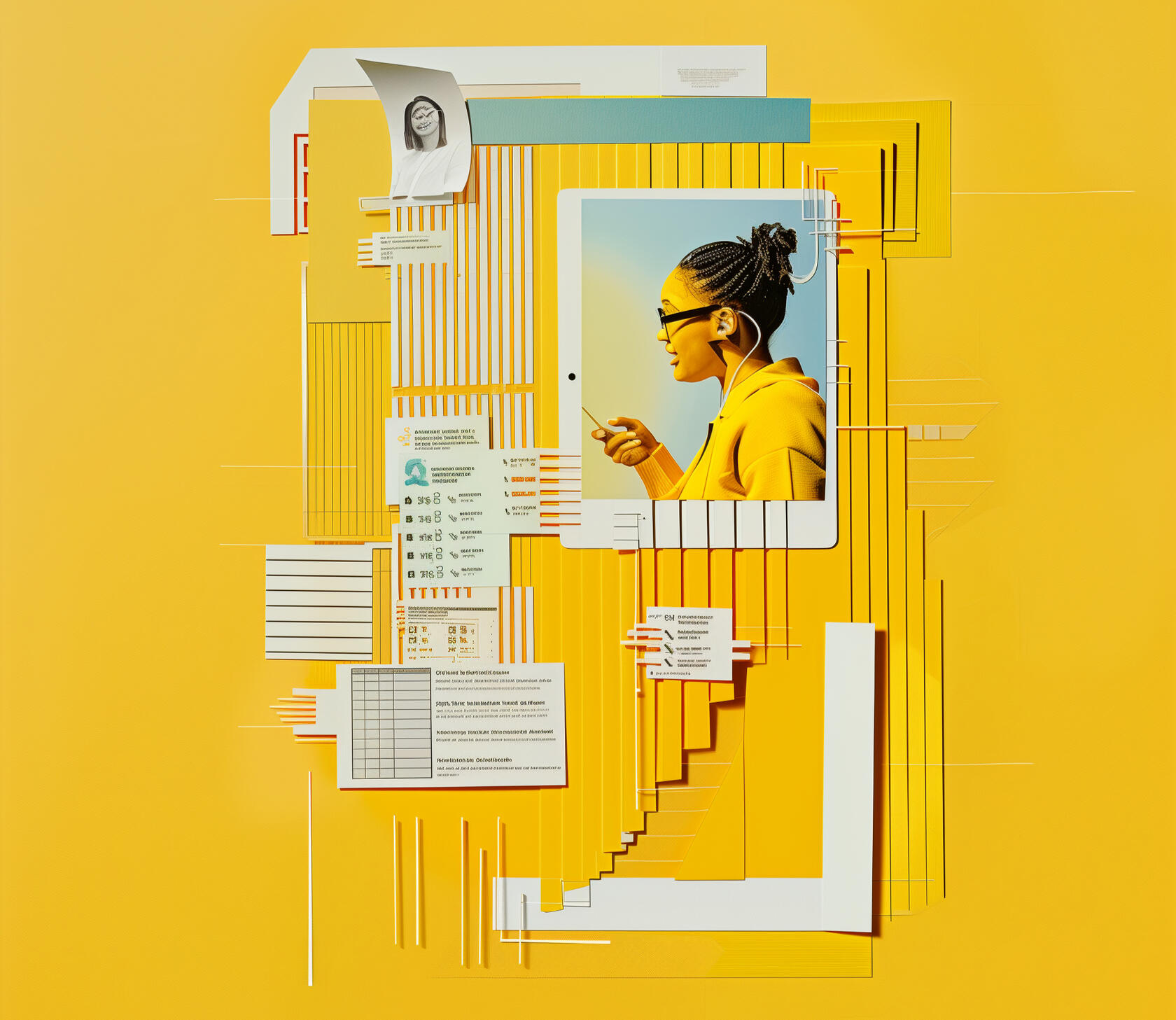 Yellow conceptual paper sculpture with mixed media imagery